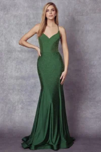 Emerald green beaded mermaid gown with a V-neck