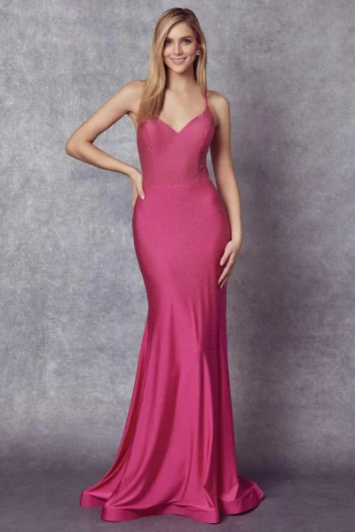 Fuchsia beaded mermaid gown with a V-neck