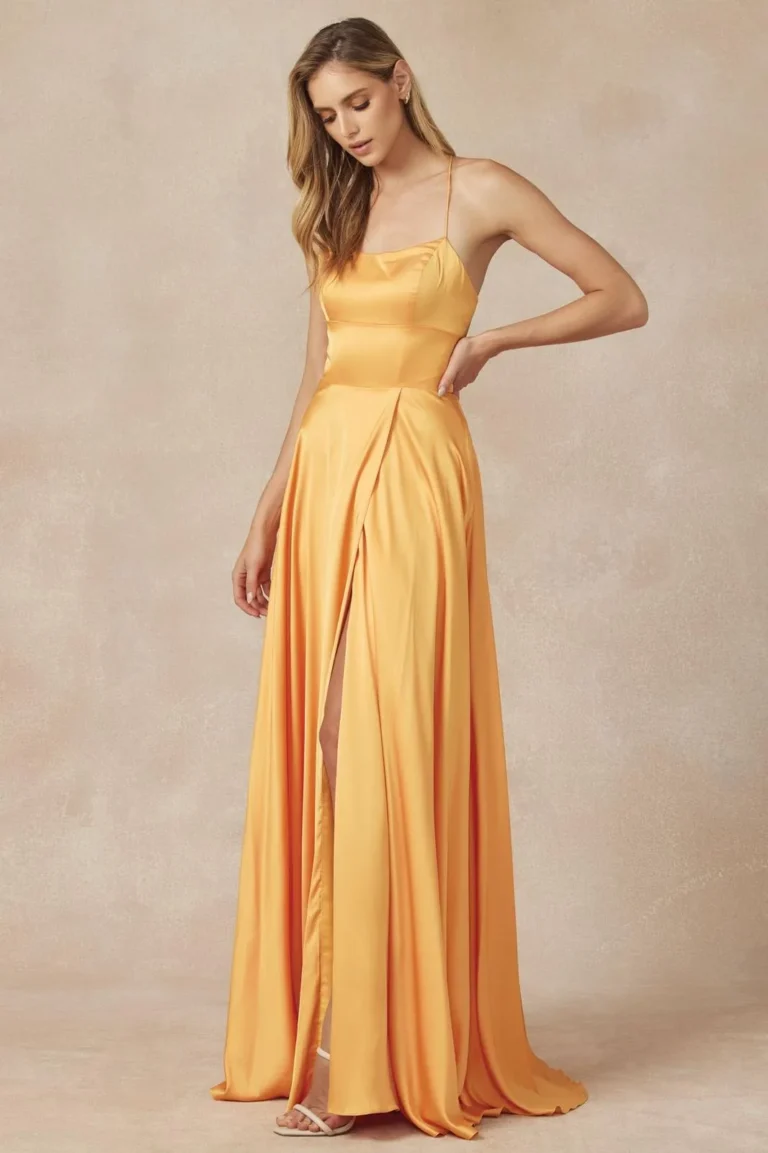 Marigold satin gown with a front slit and crisscross straps