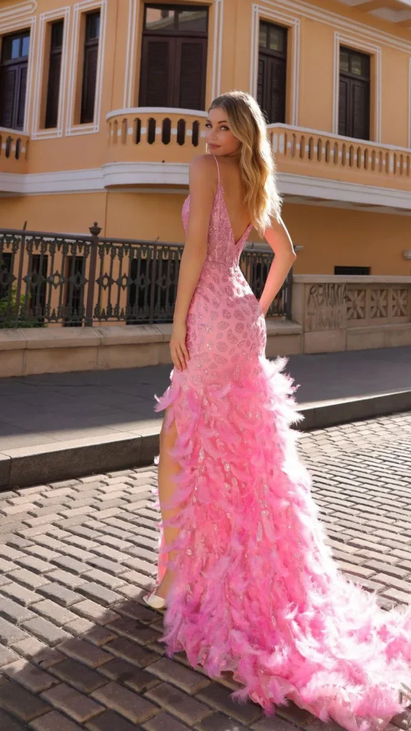 Back of the pink feather gown with its long feathered train