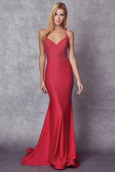 Red beaded mermaid gown with a V-neck and sweep train