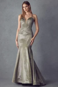 Sage gold shimmer mermaid gown with a plunge neck