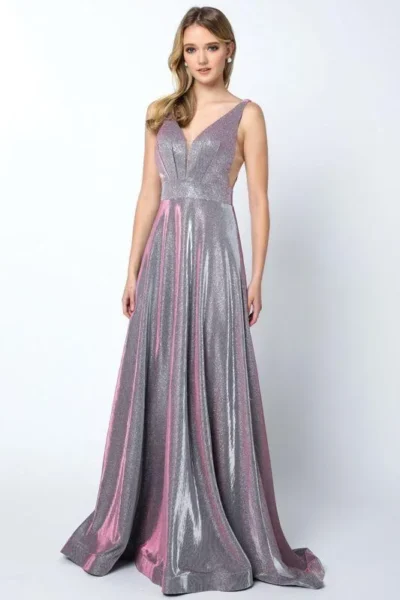 Silver and pink shimmer gown with a deep V neck